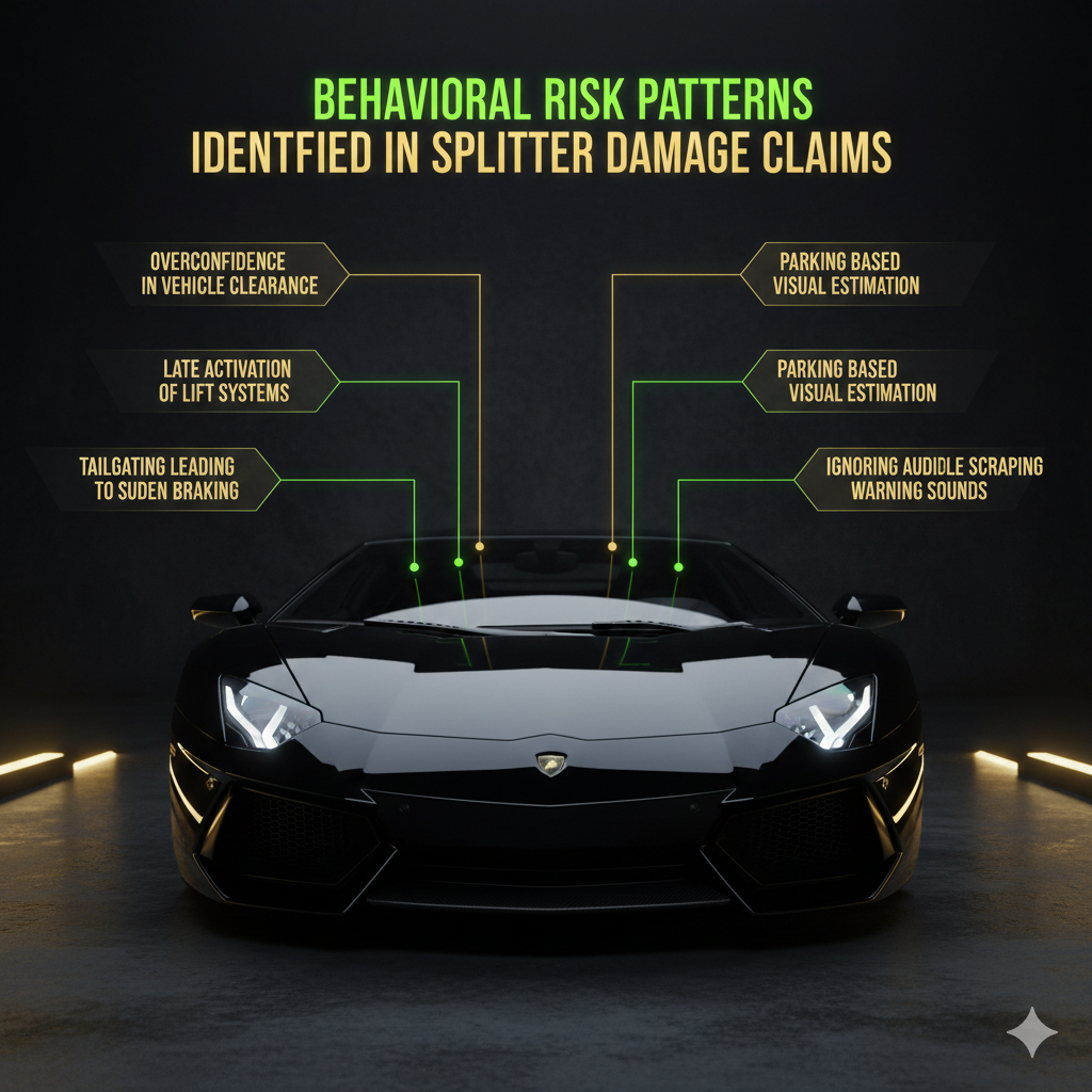 Luxury automotive risk awareness layout featuring a Lamborghini front splitter with behavioral driving risk indicators. The design highlights high-risk driver behavior patterns linked to splitter damage including overconfidence in ground clearance, delayed lift system activation, tailgating leading to sudden braking, parking using visual estimation instead of measured distance, and ignoring audible scraping warning sounds.