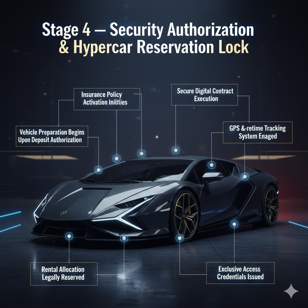 Ultra-realistic Lamborghini Sián hypercar poster with top headline and animated side points showing security authorization steps and legal reservation process for Dubai luxury rentals.