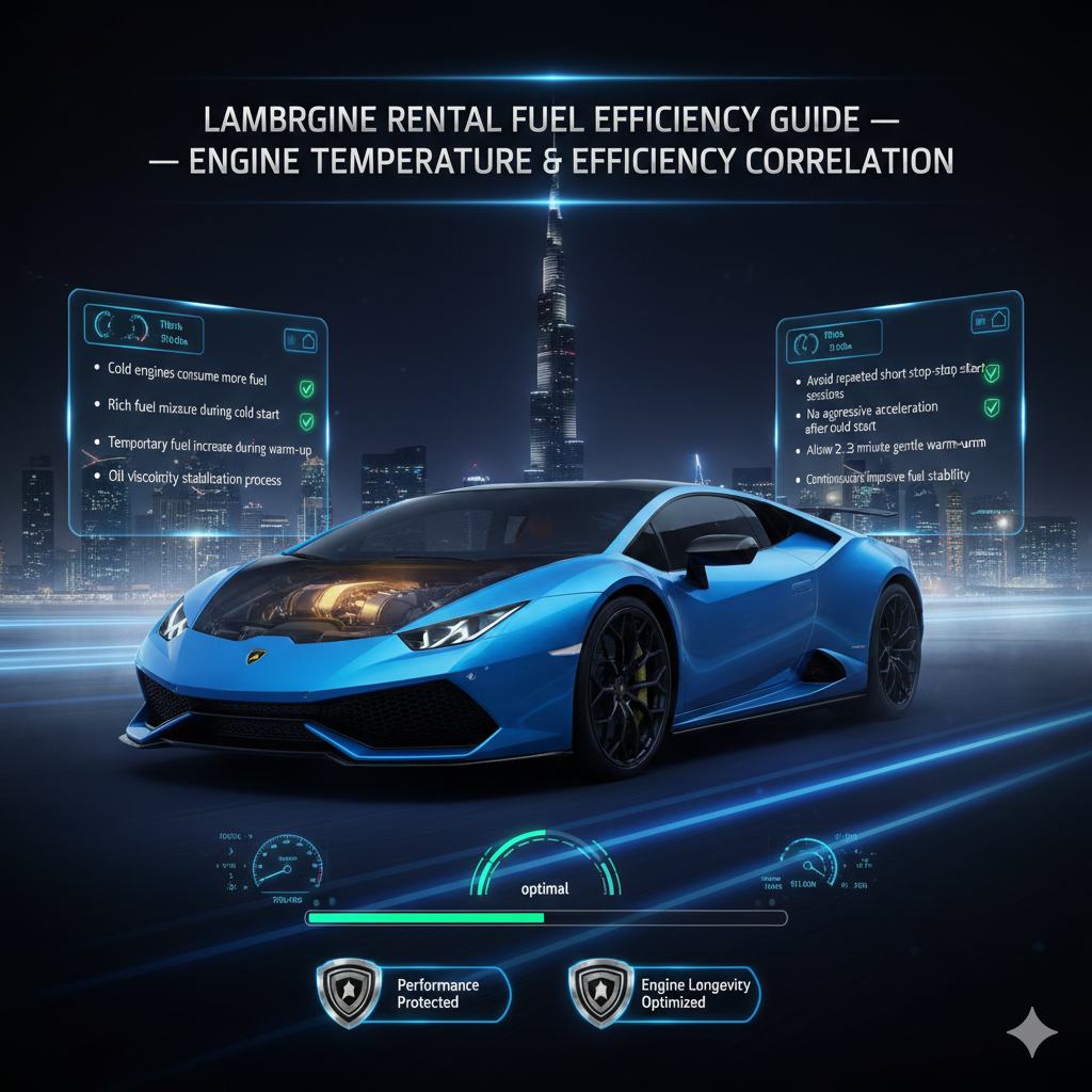 Blue and black Lamborghini at night in Dubai with digital temperature gauge overlays explaining engine warm-up fuel efficiency and smart driving discipline.