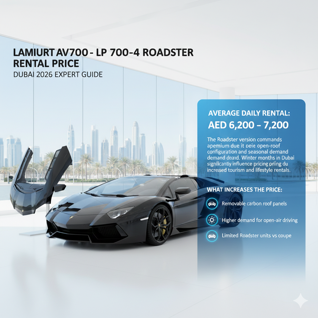 A collector-grade rental infographic featuring a Giallo Maggio (yellow) Lamborghini Aventador 50th Anniversario in a luxury Dubai showroom. The graphic displays an average daily rental of AED 6,800 – 7,800 and lists exclusivity factors such as limited global production and unique aerodynamics.