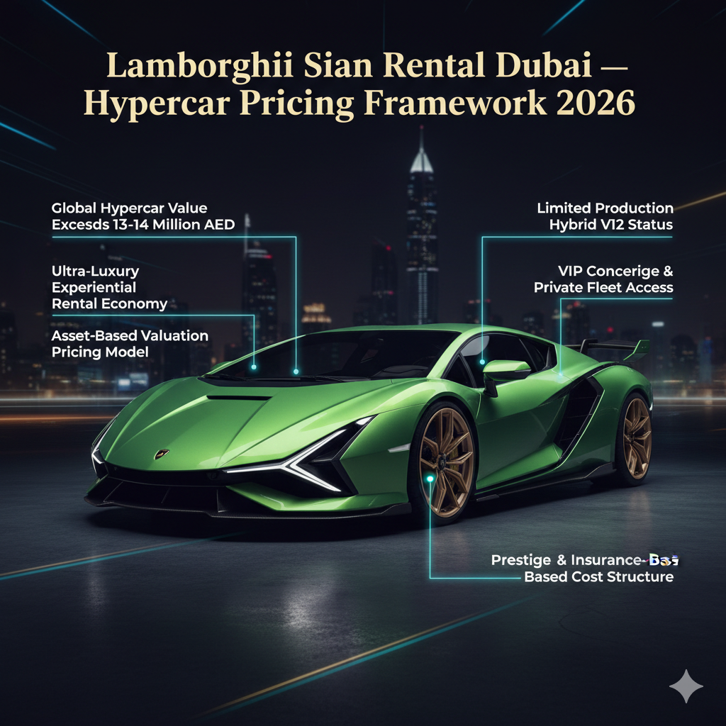 Cinematic luxury poster showing a Lamborghini Sián hypercar in center with top headline and animated side points explaining Dubai hypercar rental pricing and valuation structure.