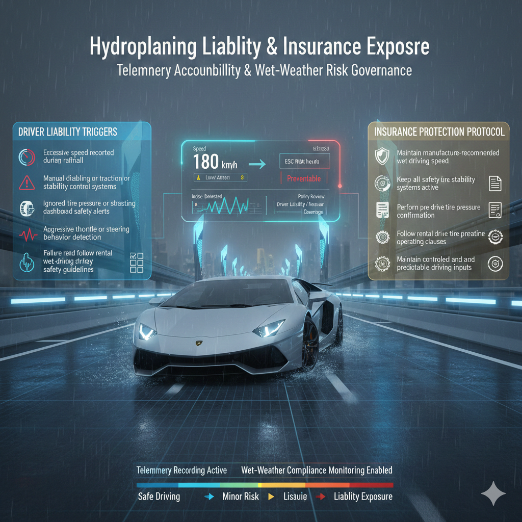 Animated infographic showing a Lamborghini encountering hydroplaning on a wet Dubai highway with telemetry tracking overlays explaining insurance liability triggers, compliance safety protocols, and wet driving governance monitoring.