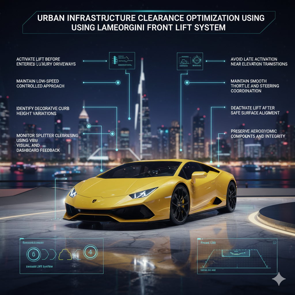 Lamborghini Rental Front Lift Usage for Urban Infrastructure Clearance Optimization Lamborghini supercar activating front lift system while approaching luxury hotel driveway and urban elevation infrastructure in Dubai