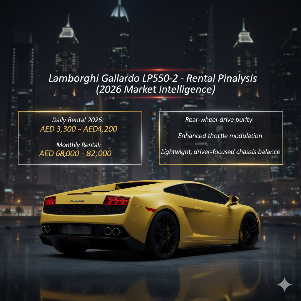 Animated luxury automotive infographic of a Lamborghini Gallardo LP550-2 showcasing rear-wheel-drive performance with 2026 UAE rental pricing in Dubai’s premium supercar market.