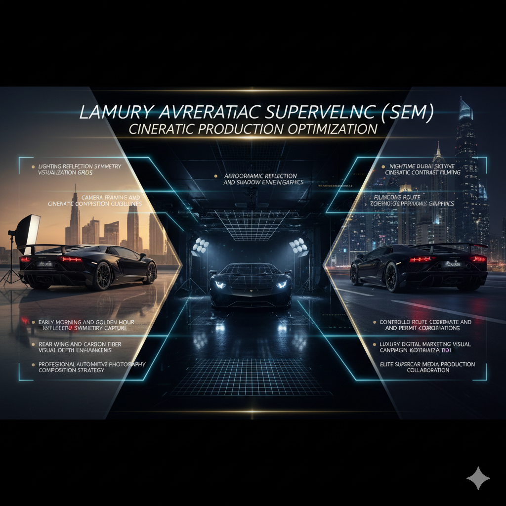 Lamborghini Aventador SV featured in luxury editorial photography and cinematic filming environments including Dubai skyline rooftop, night city boulevard, and professional studio lighting production setup.