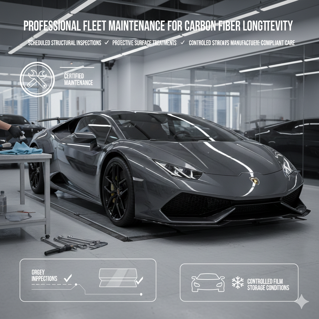 Professional fleet maintenance inspection of Lamborghini carbon fiber components ensuring long-term durability and structural integrity in Dubai 2026.