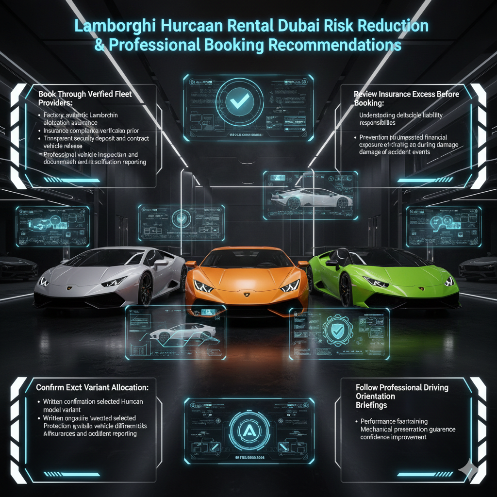 Lamborghini Huracan Rental Dubai Risk Reduction & Professional Booking Recommendations Futuristic Lamborghini rental booking verification infographic showing Huracan performance models with holographic panels explaining verified fleet booking, insurance protection, variant confirmation, and professional orientation procedures.