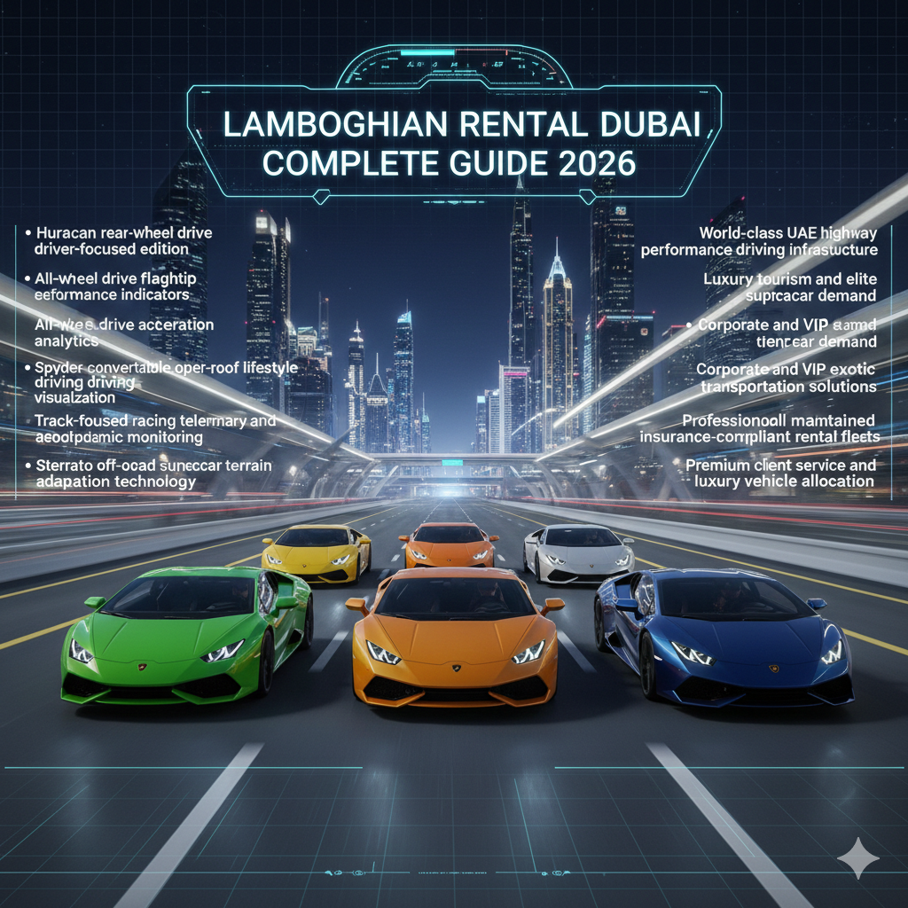 Multiple Lamborghini Huracan supercars in different colors driving on an animated luxury Dubai highway with skyline background and model variant performance highlights