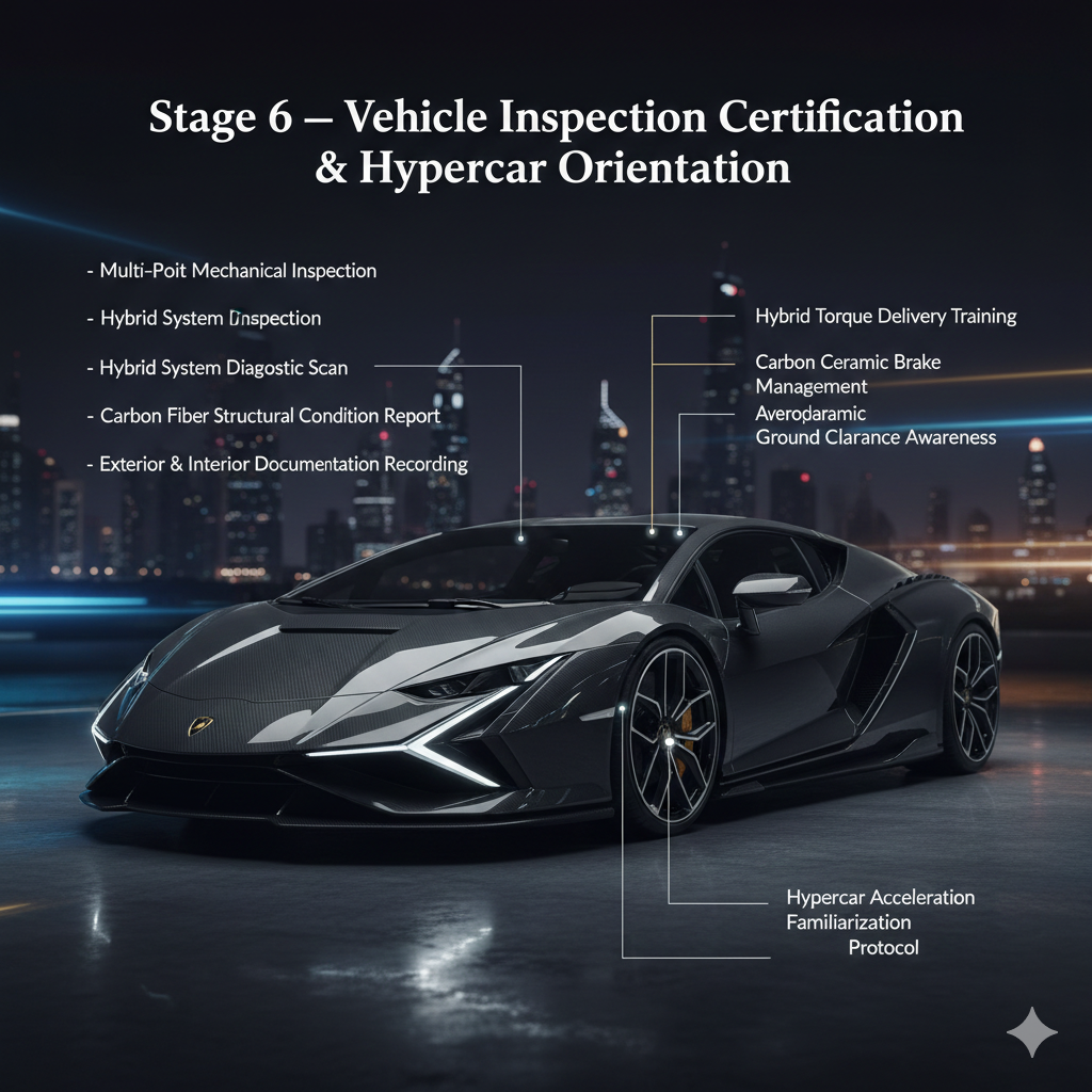 Ultra-realistic Lamborghini Sián hypercar poster with top headline and animated side points showing vehicle inspection certification steps and professional hypercar orientation session in Dubai luxury rental context.