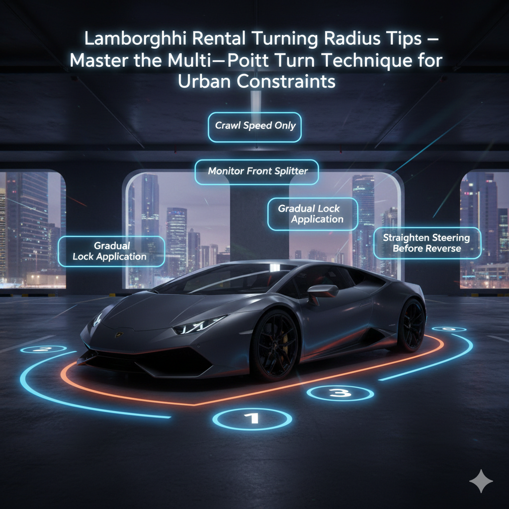 Animated Lamborghini performing a multi-point turn in a Dubai parking structure with neon guidance lines, glowing text panels, and precision turning radius instructions for luxury supercar rentals.