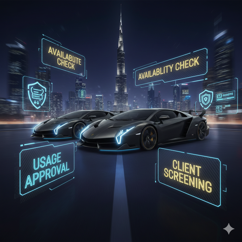 Animated luxury infographic showing Lamborghini Veneno Coupe and Roadster in Dubai with neon-glow verification text, Burj Khalifa skyline, illustrating hypercar rental intent screening and availability validation process (2026)