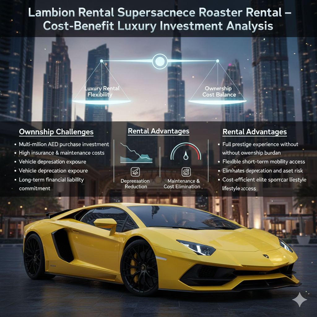 Lamborghini Aventador SuperVeloce Roadster Rental Cost-Benefit Luxury Investment Analysis Yellow Lamborghini Aventador SuperVeloce Roadster parked outside luxury Dubai skyline hotel representing rental prestige versus ownership cost comparison
