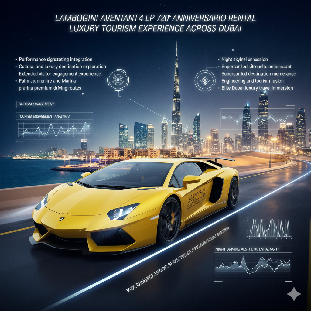 Lamborghini Aventador LP 720-4 50° Anniversario driving across Palm Jumeirah, Dubai Marina, desert highways, and nighttime skyline showcasing luxury tourism supercar experience.