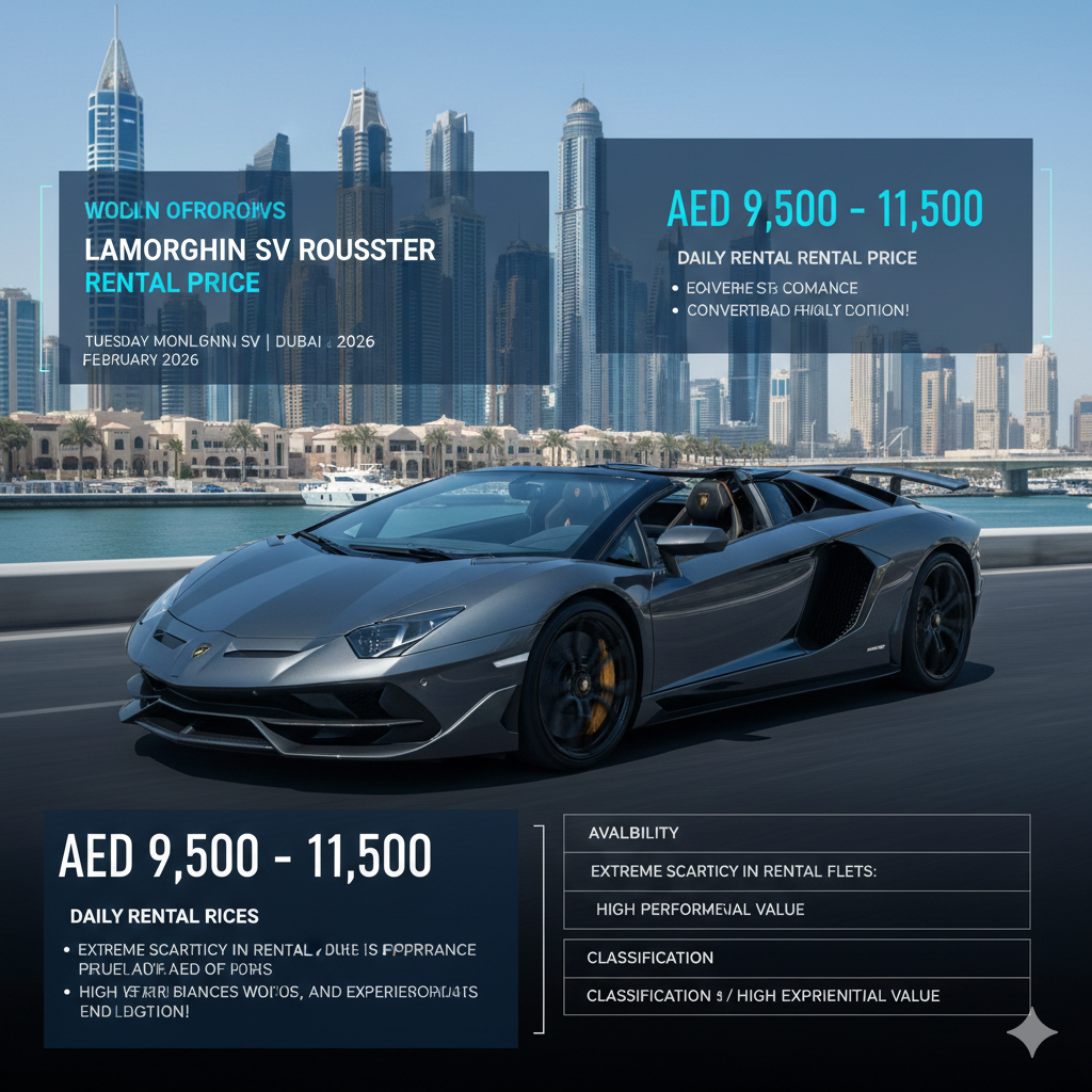 A premium rental infographic featuring a charcoal grey Lamborghini Aventador SV Roadster driving along the Dubai Marina waterfront. The graphic displays a daily rental range of AED 9,500 – 11,500, highlighting pricing drivers such as extreme scarcity in rental fleets and high experiential value for 2026.