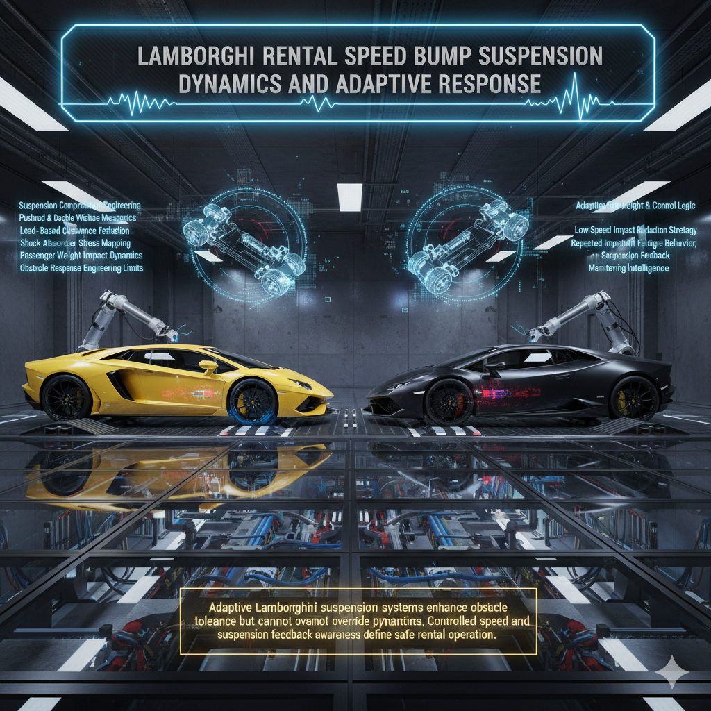 Lamborghini supercars displayed in futuristic suspension testing laboratory showing adaptive ride height and mechanical stress simulation
