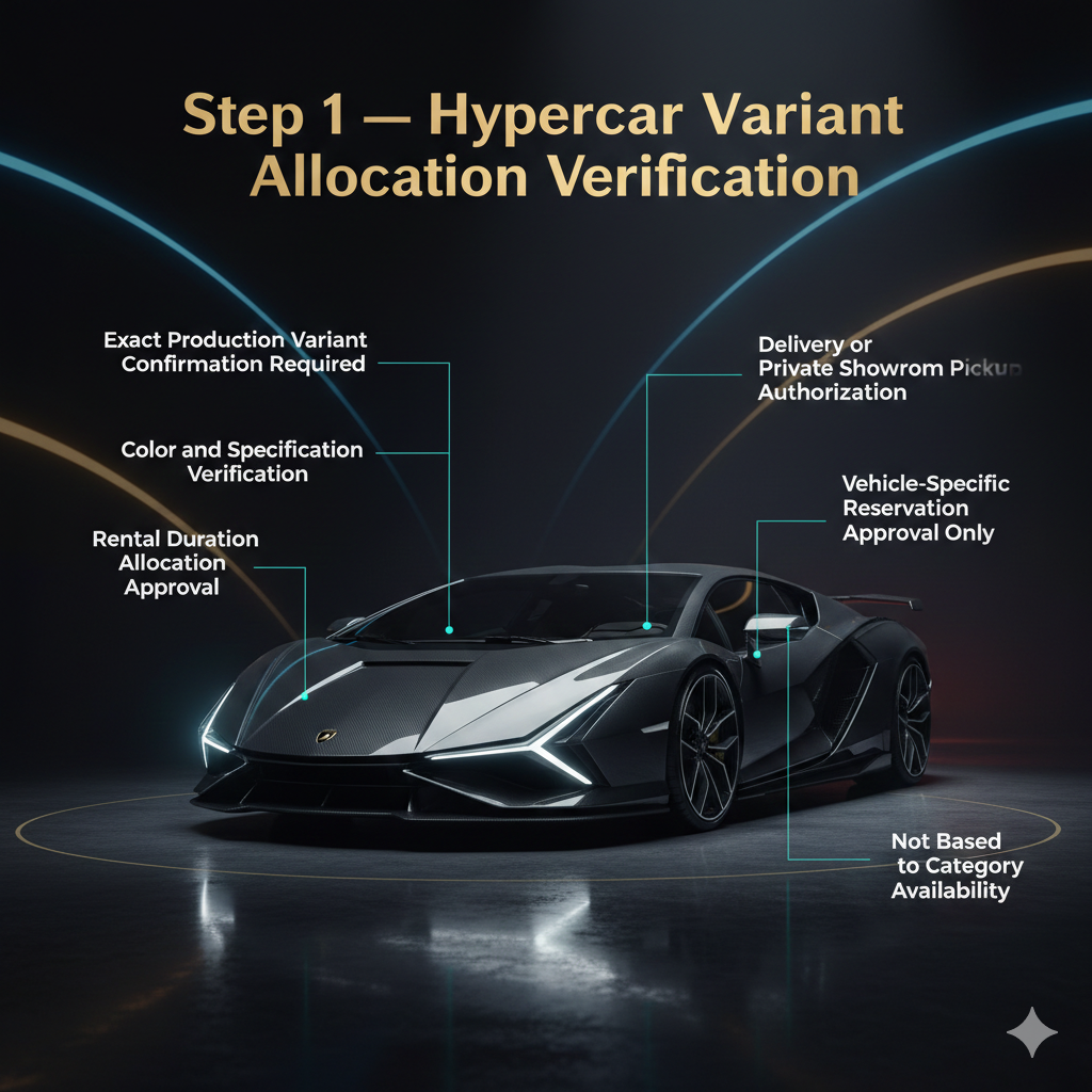 Ultra-realistic Lamborghini Sián hypercar poster with top headline and animated side points showing variant allocation verification steps for Dubai luxury hypercar rentals.