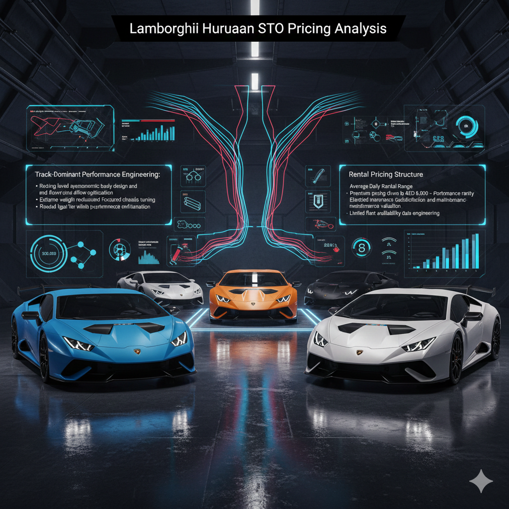 Lamborghini Huracan STO Pricing Analysis Futuristic Lamborghini Huracan STO pricing infographic showing track-focused racing performance models with holographic panels highlighting aerodynamic engineering, rarity prestige, and premium rental pricing range.