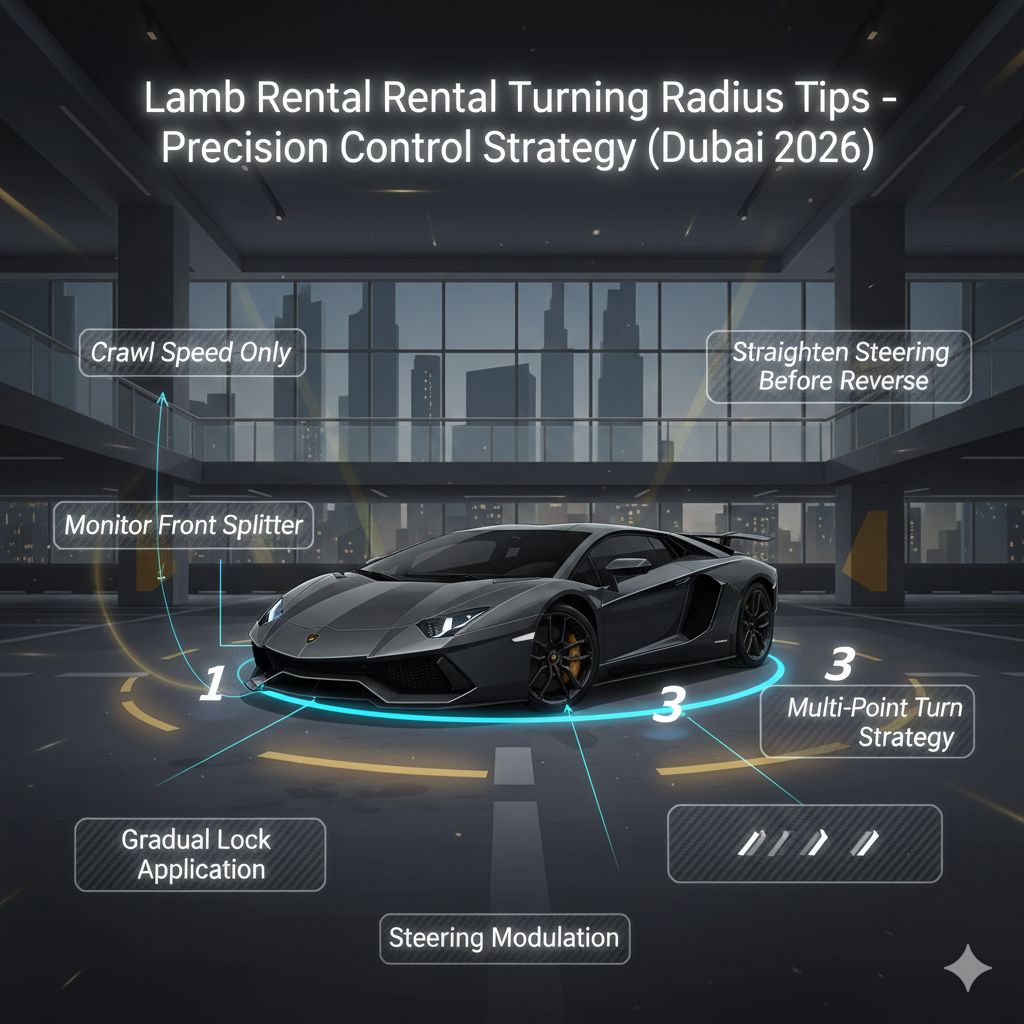 Animated infographic showing Lamborghini rear-wheel steering at low speed, with rear wheels turning opposite the front wheels, neon arrows illustrating reduced turning radius inside a Dubai luxury parking environment.
