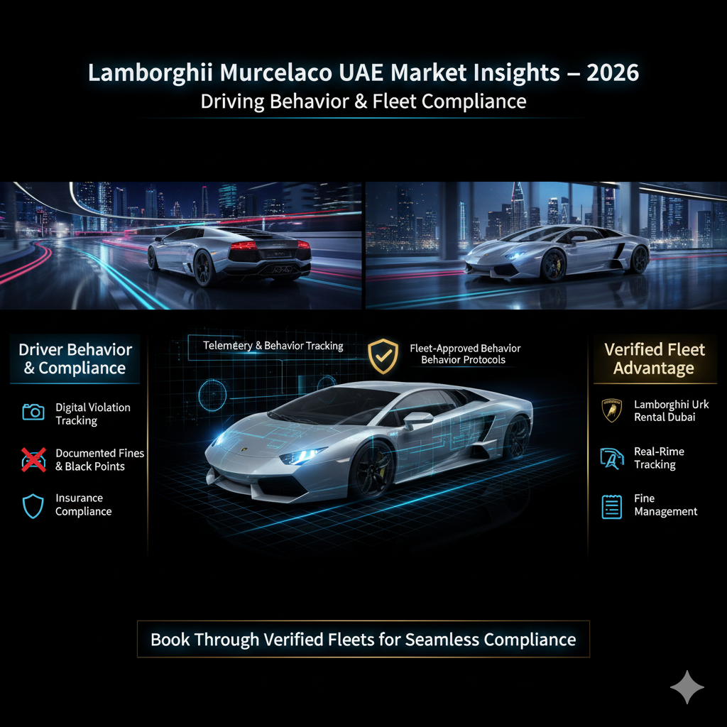 “Infographic showing 2026 UAE Lamborghini Murcielago rental market insights: fleet-approved driver behavior, digital tracking of violations, documented fines and black points, compliance management, and recommendation to use verified fleets like Lamborghini Urus rental Dubai with real-time tracking.”