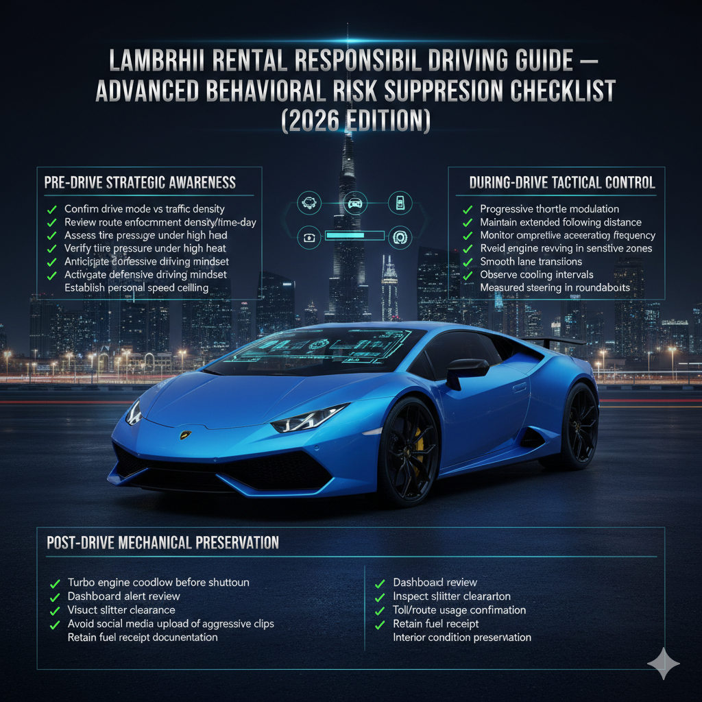 Blue and black Lamborghini in Dubai at night with digital HUD overlays showing pre-drive, during-drive, and post-drive behavioral risk suppression checklist for elite Lamborghini rental discipline.