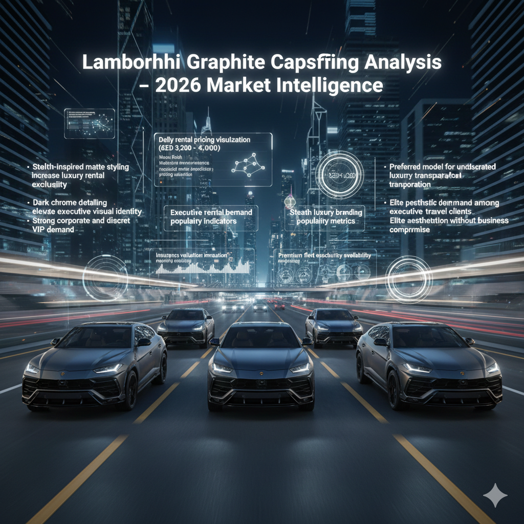 Multiple Lamborghini Urus Graphite Capsule SUVs in stealth matte luxury colors driving together on animated Dubai luxury roadway with premium rental pricing data overlays