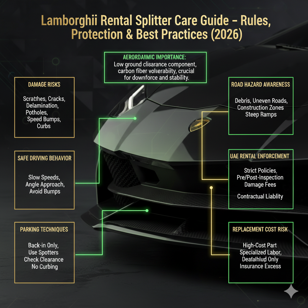 Luxury automotive rental guide layout featuring a Lamborghini front splitter close-up with a premium educational design. The layout explains splitter vulnerability, aerodynamic purpose, and protection standards under 2026 UAE rental regulations. Informational sections highlight driving behavior precautions, parking techniques, road hazard awareness, and carbon fiber protection requirements displayed stylishly around the vehicle.