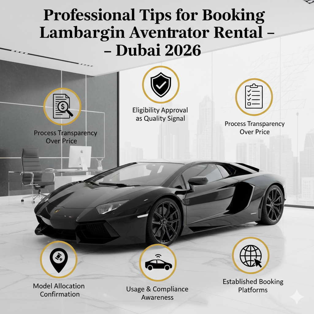A high-end luxury editorial graphic featuring a metallic grey Lamborghini Aventador in a sleek showroom. Seven circular gold-rimmed icons surround the car, detailing professional booking tips for 2026 including Eligibility Approval, Model Allocation, Process Transparency, and Insurance Comparisons.
