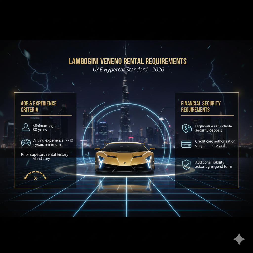 Animated infographic illustrating Lamborghini Veneno rental in Dubai as a hyper-asset class, showing controlled availability, asset custodianship, legal accountability, and valuation logic comparable to private jet or superyacht chartering.