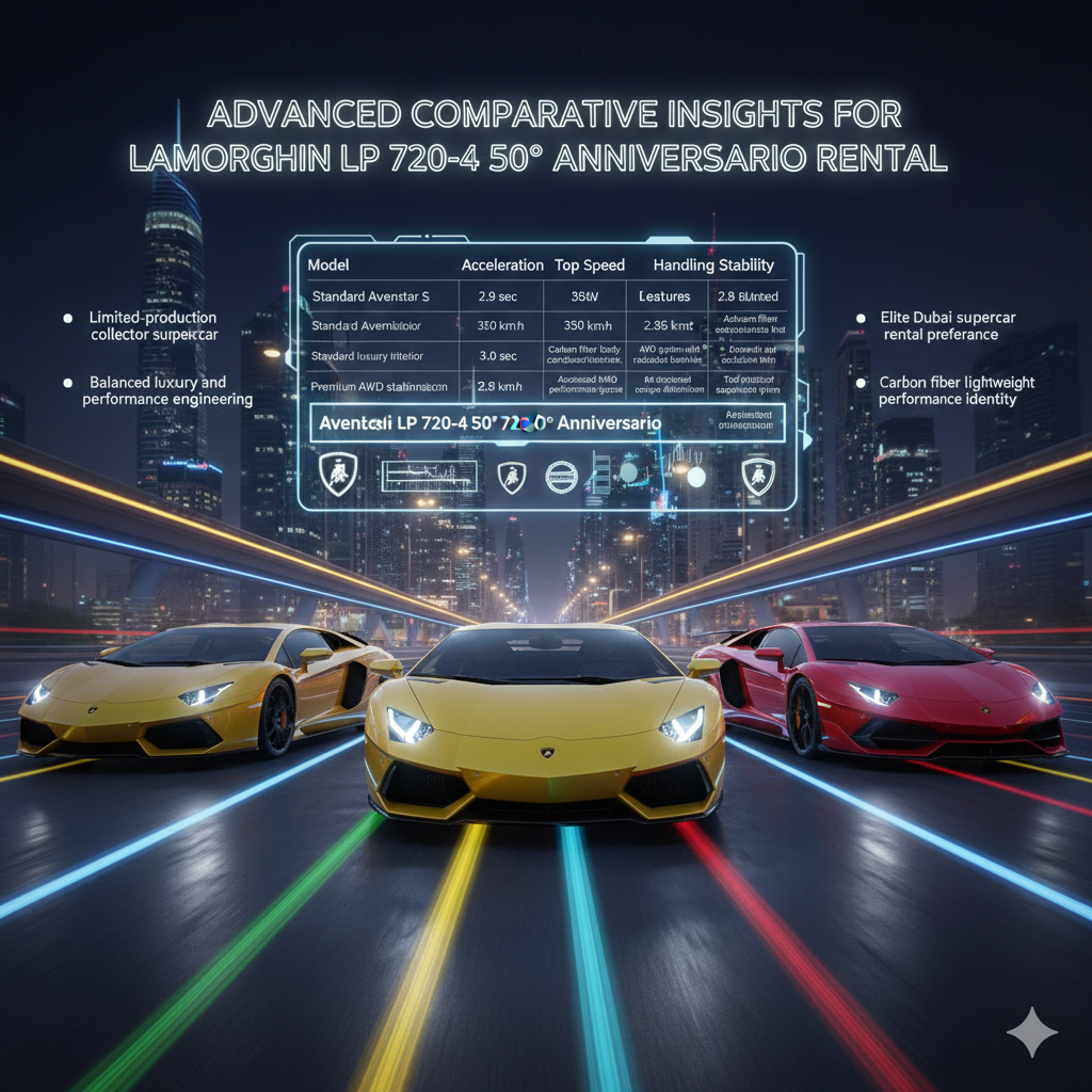 Comparison infographic showing Lamborghini Aventador LP 720-4 50° Anniversario, Aventador S, and Aventador SVJ with performance statistics, luxury features, and Dubai supercar rental showcase background.