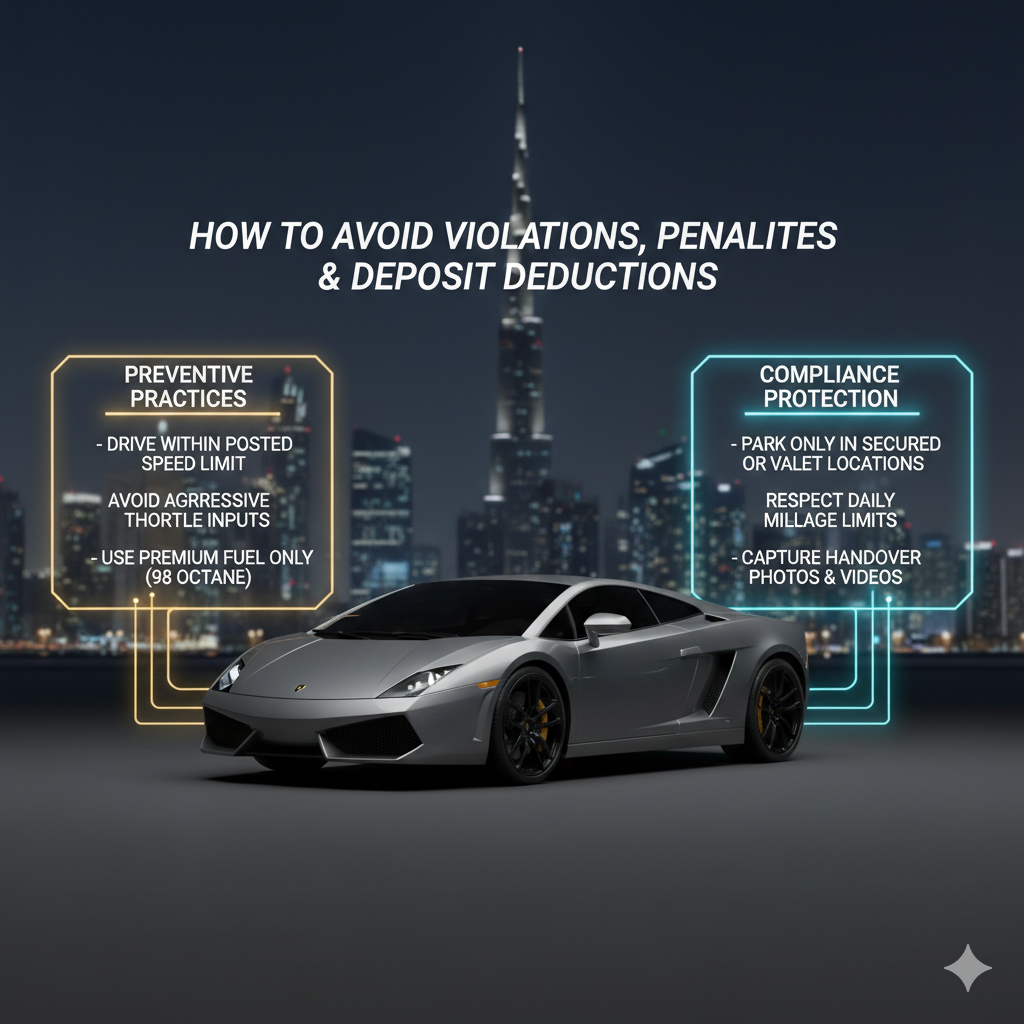 Animated luxury infographic showing professional practices to avoid violations, penalties, and deposit deductions when renting a Lamborghini in Dubai.