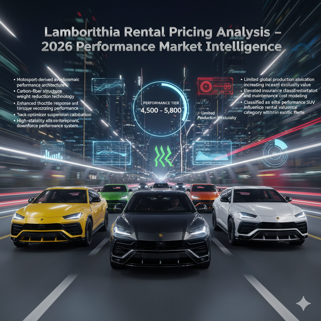 Multiple Lamborghini Urus Performante carbon-fiber performance SUVs in different racing colors driving together on animated Dubai performance highway with rental pricing and motorsport engineering infographic overlays
