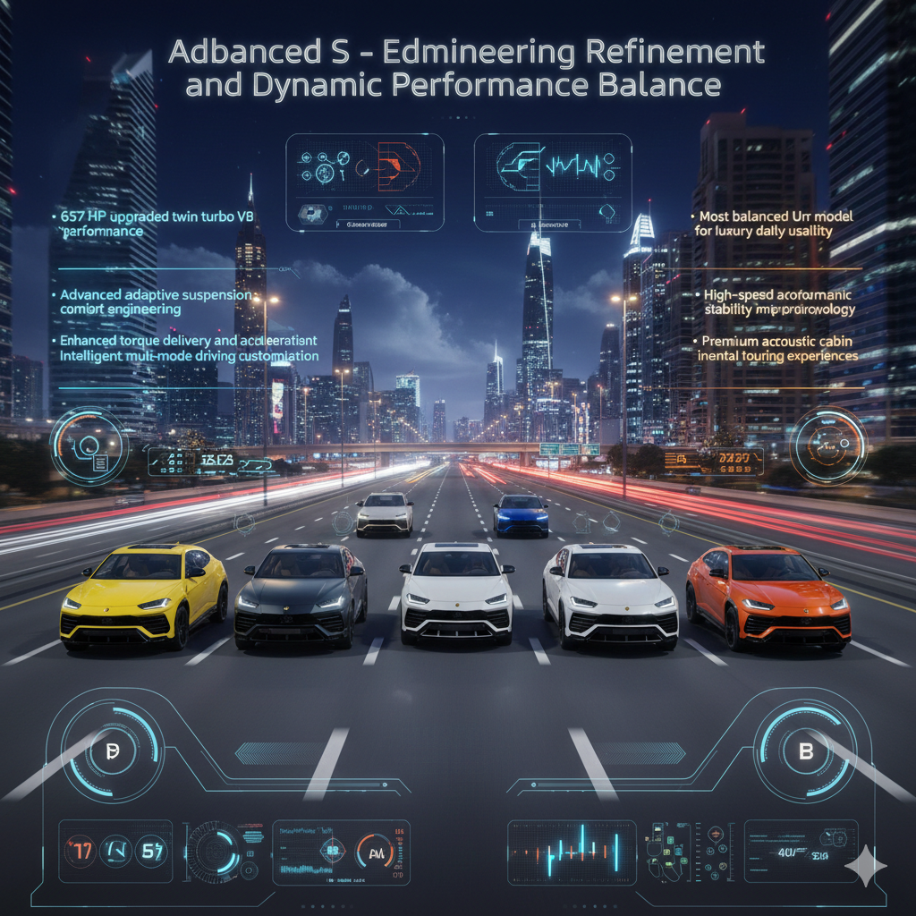 Multiple Lamborghini Urus S luxury performance SUVs in different colors driving together on Dubai highway with futuristic animated skyline background