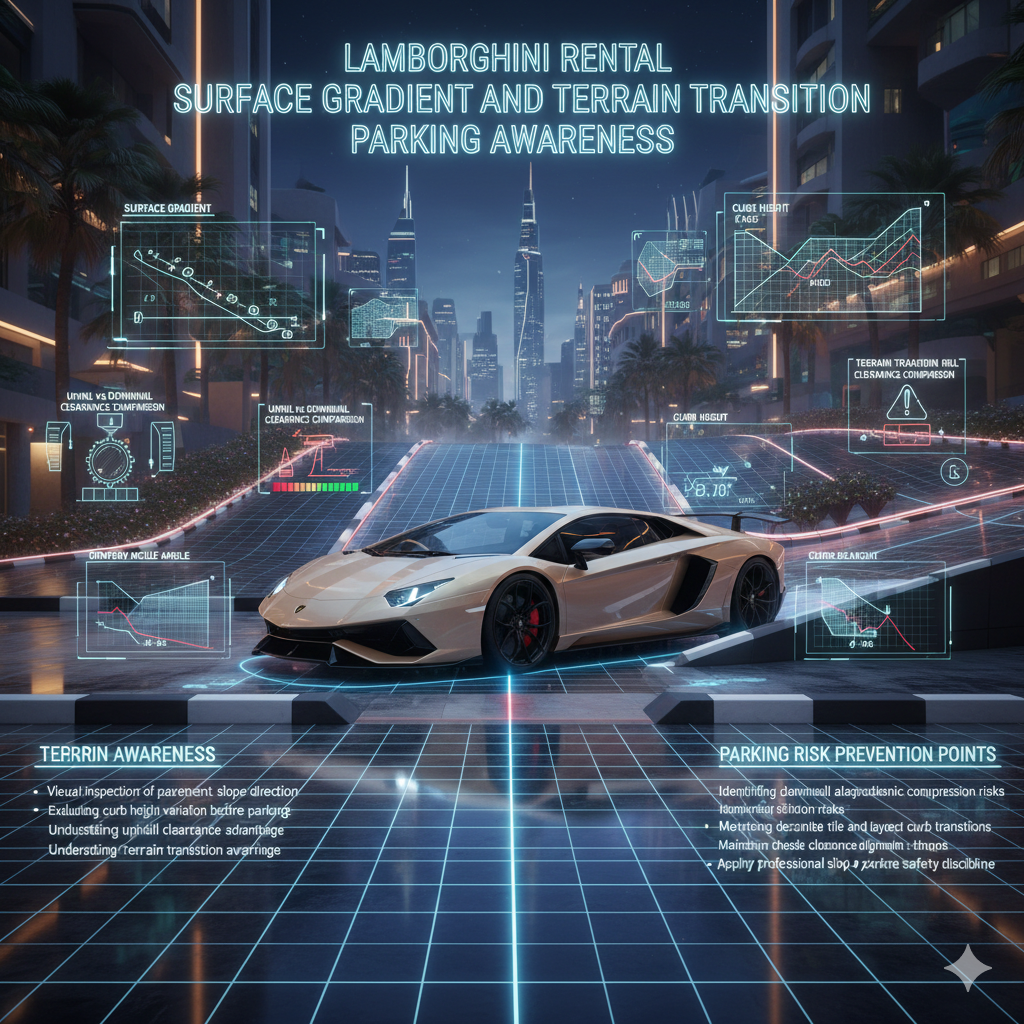 Lamborghini supercar positioned on uphill and downhill luxury urban curb environment with animated terrain slope analysis, gradient monitoring visualization, and futuristic Dubai smart parking background.