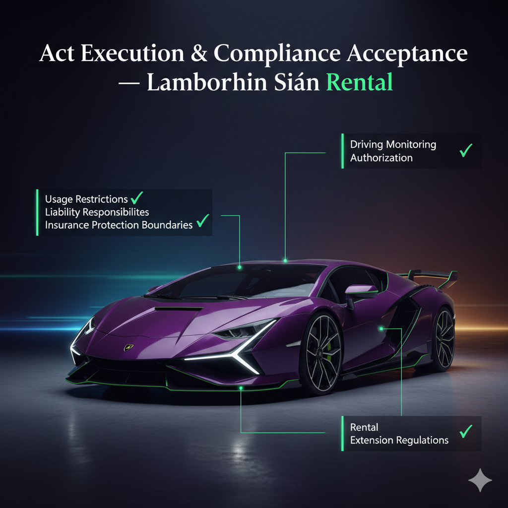 Ultra-realistic Lamborghini Sián hypercar poster with top headline and animated side points showing digital agreement requirements for usage, liability, insurance, and rental compliance acceptance in Dubai luxury rentals.