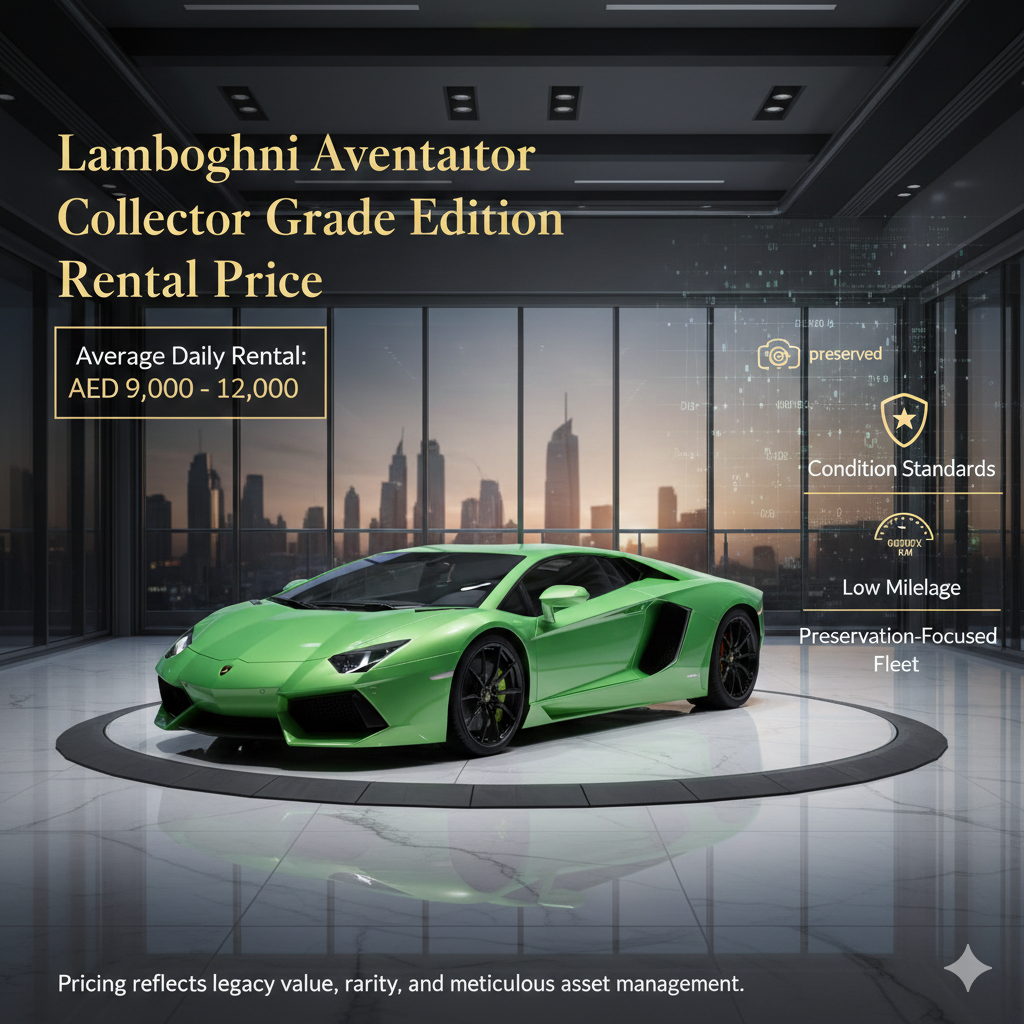 Alt Text: A vibrant green Lamborghini Aventador centered on a rotating showroom platform against a Dubai skyline backdrop. The graphic displays a premium rental price of AED 9,000 – 12,000, highlighting key value factors: high condition standards, low mileage, and a preservation-focused fleet.