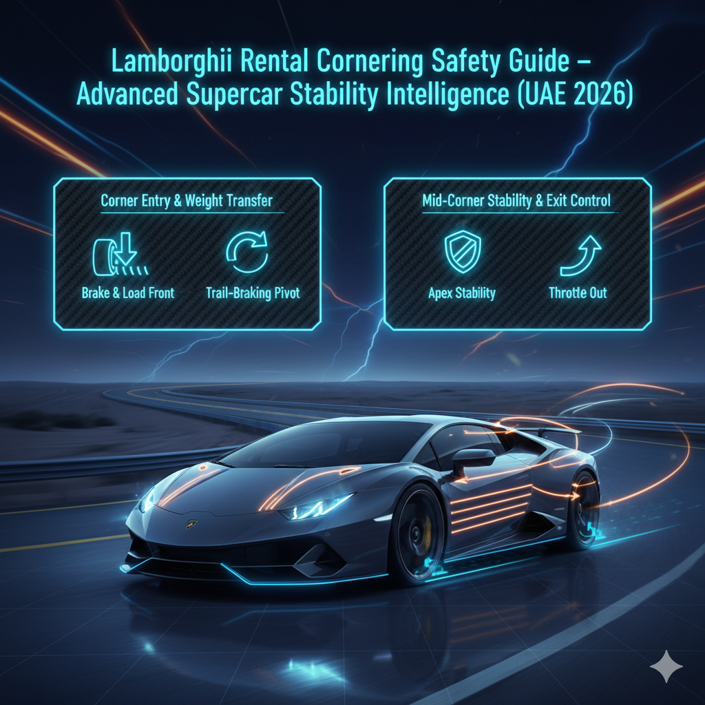 Animated luxury infographic showing a Lamborghini supercar cornering with visual weight transfer, aerodynamic flow lines, and stability indicators, featuring a Dubai-inspired background, neon lighting effects, and a professional supercar safety layout.