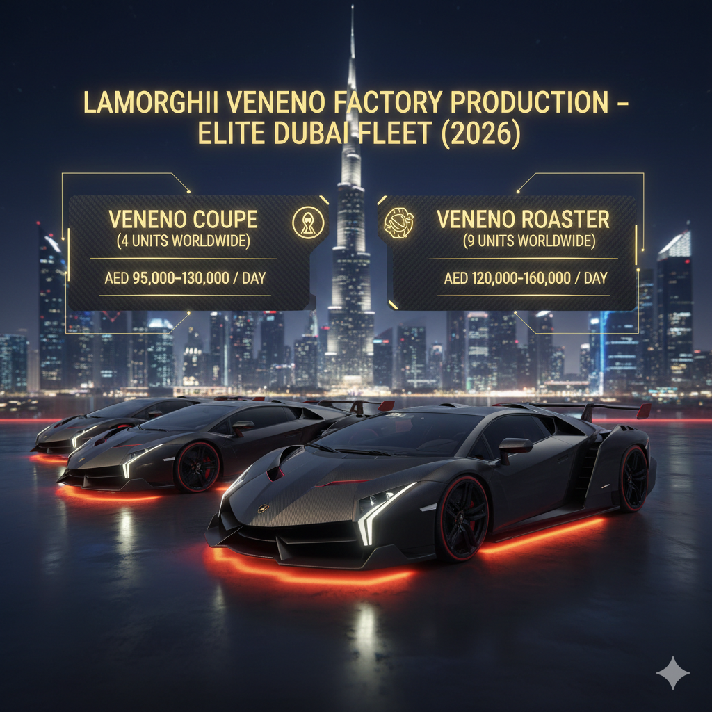 Animated luxury infographic of Lamborghini Veneno Roadster in Dubai with neon-glow pricing text, open-top carbon-fiber hypercar, illuminated Burj Khalifa skyline, representing 2026 UAE hypercar rental pricing analysis