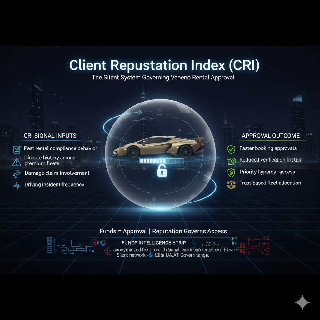Animated infographic explaining the Client Reputation Index used in Lamborghini Veneno rental approvals in Dubai, showing anonymized compliance signals, dispute history, damage records, and reputation-based hypercar access control.