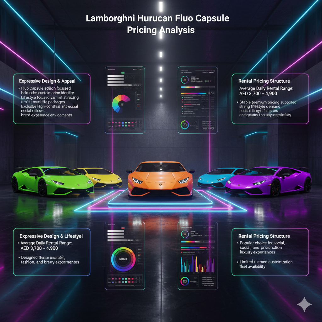 Lamborghini Huracan Fluo Capsule Pricing Analysis Futuristic Lamborghini Huracan Fluo Capsule pricing infographic showing neon-colored supercars in a luxury showroom with holographic panels highlighting lifestyle customization and rental pricing.