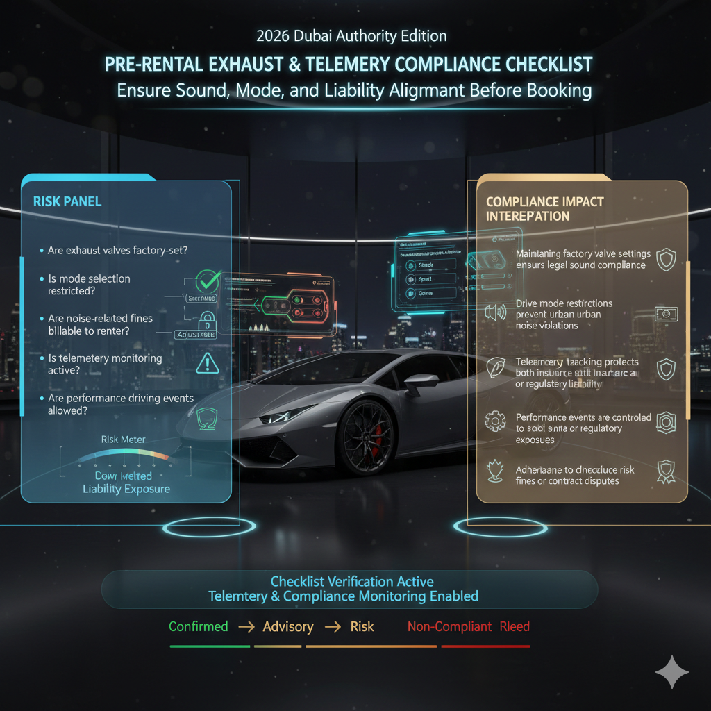 Animated infographic showing a Lamborghini in a Dubai showroom with interactive checklist holograms for exhaust valve settings, drive mode restrictions, telemetry monitoring, performance event approvals, and potential rental liability indicators.