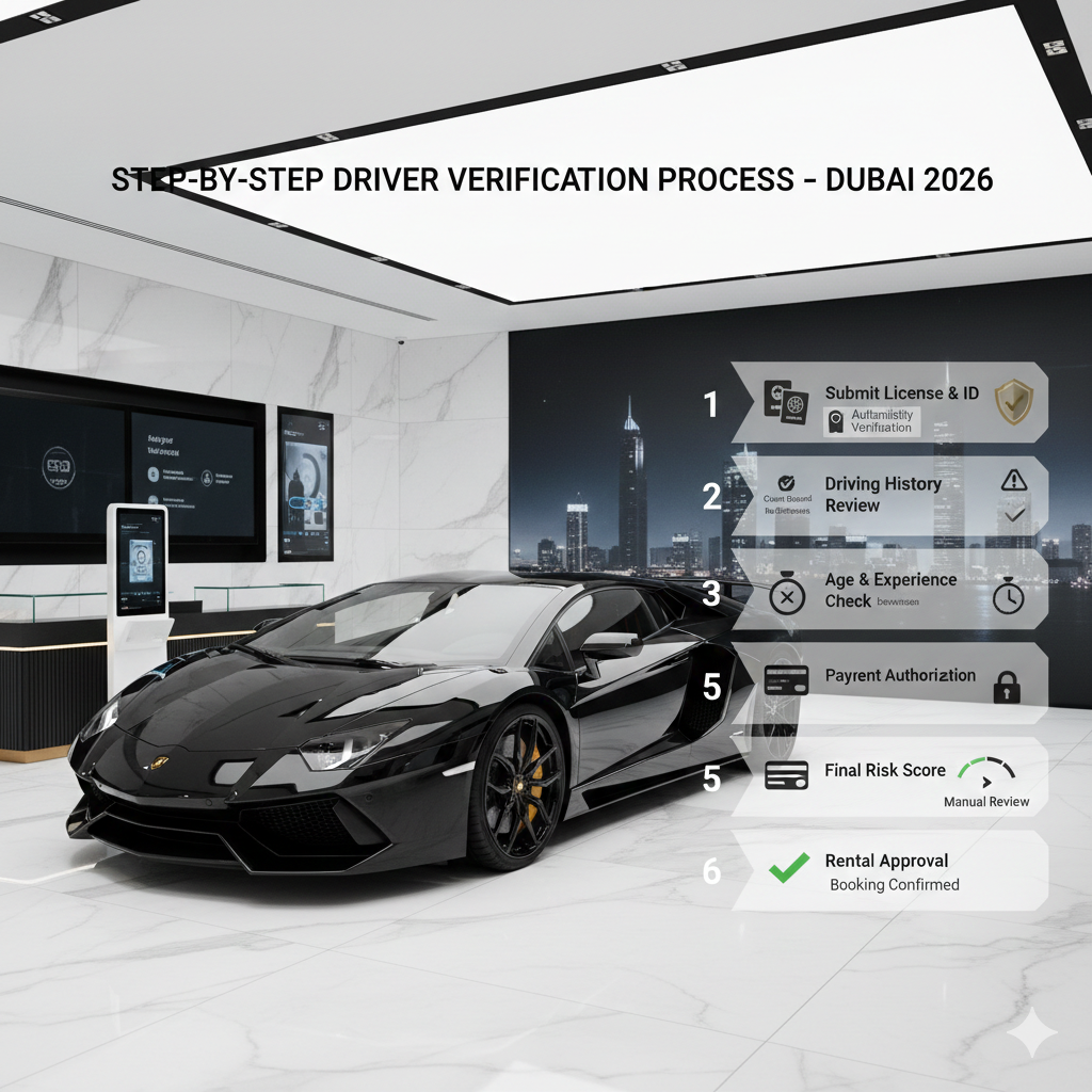 Step-by-step Lamborghini driver verification process in Dubai showing license submission, driving history review, age verification, payment authorization, risk scoring, and rental approval in 2026.