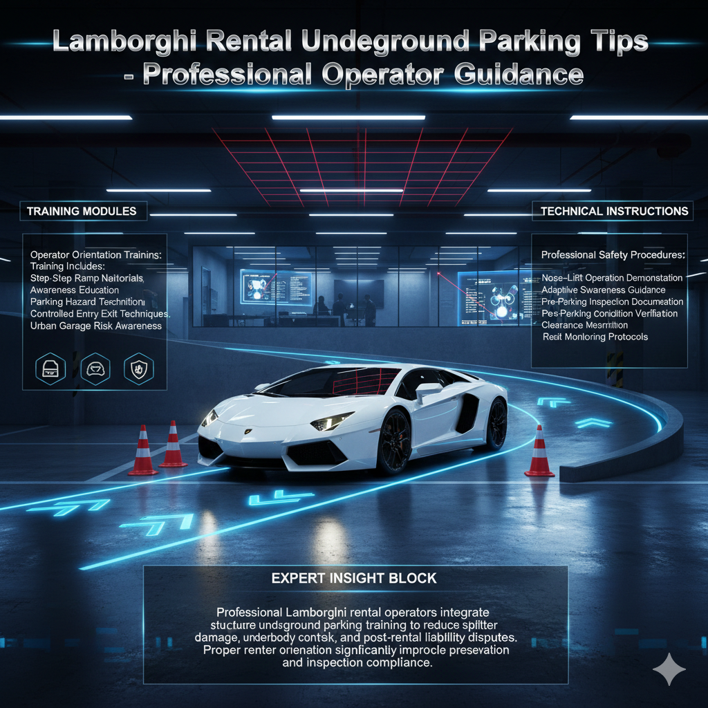 Lamborghini supercar in luxury underground parking training environment showing professional operator guidance and clearance safety instruction