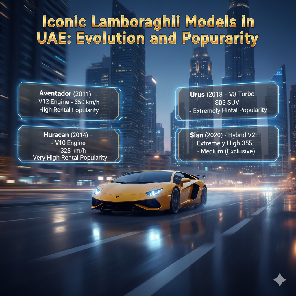 Animated illustration of Lamborghini supercar in Dubai with floating side bullet points showing iconic models: Aventador, Huracan, Urus, and Sián, their engine, top speed, launch year, and rental popularity in the UAE.