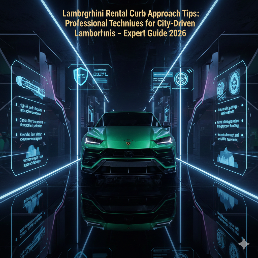 Futuristic luxury infographic showing a Lamborghini SUV in the center with holographic side panels explaining professional curb approach techniques for rental Lamborghinis in urban driving environments.