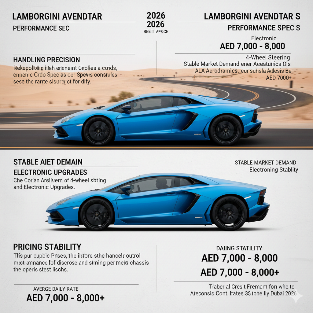 A side-profile infographic of a bright blue Lamborghini Aventador S driving on a desert road. The graphic highlights "Handling Precision" and "Electronic Upgrades" as key features, listing the 2026 average daily rental price at AED 7,000 – 8,000.