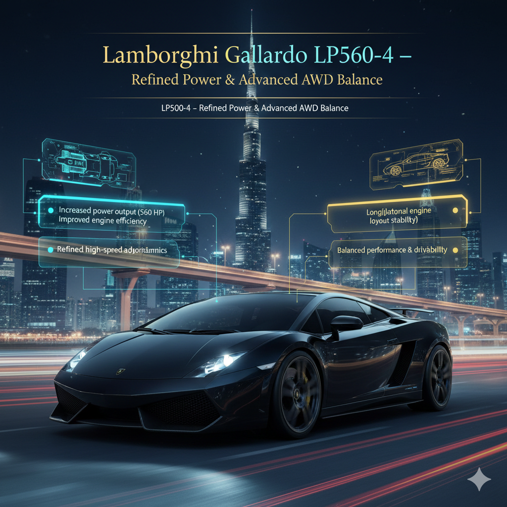 Animated luxury infographic showing a Lamborghini Gallardo LP560-4 with an illuminated Dubai skyline and Burj Khalifa in the background, highlighting increased power, refined aerodynamics, and advanced all-wheel-drive balance.