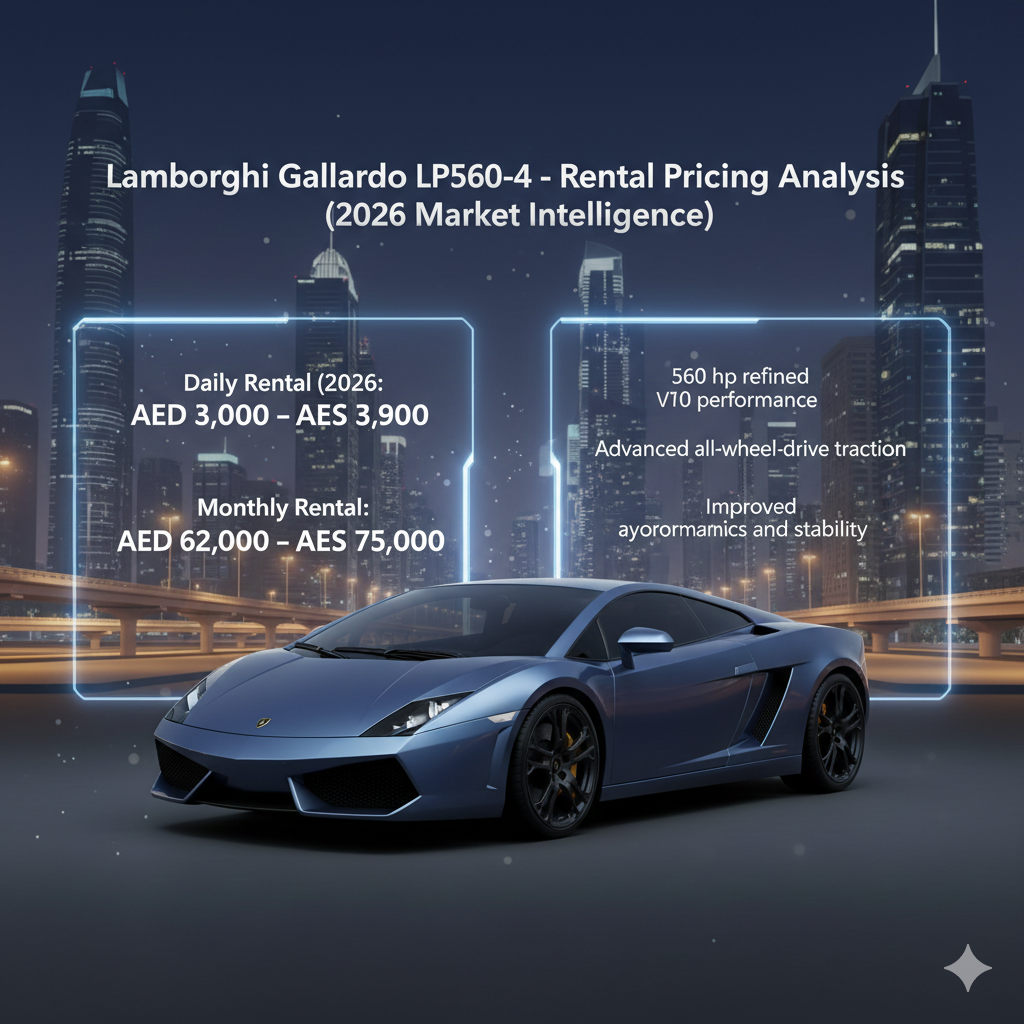 Animated luxury automotive infographic showcasing a Lamborghini Gallardo LP560-4 with AWD stance, highlighting 2026 UAE rental pricing and refined performance positioning in Dubai’s supercar market.