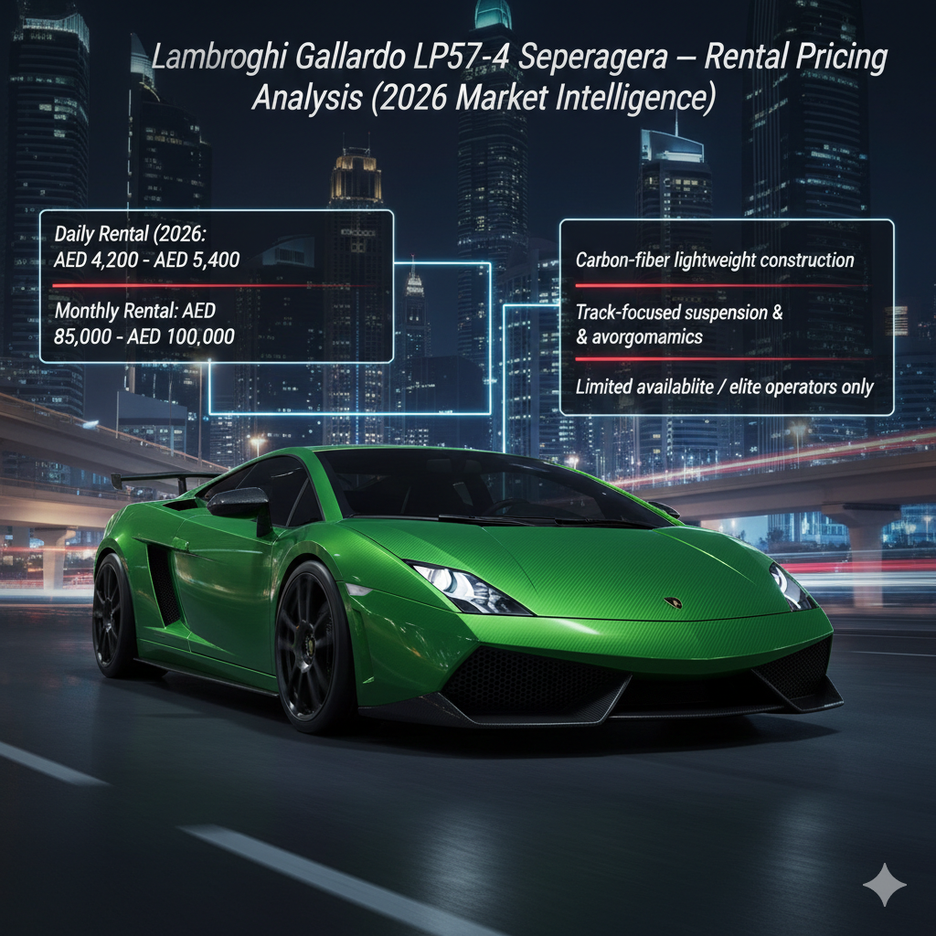 Animated luxury performance infographic of a Lamborghini Gallardo LP570-4 Superleggera highlighting 2026 UAE rental pricing, exclusivity, and track-focused engineering in Dubai.