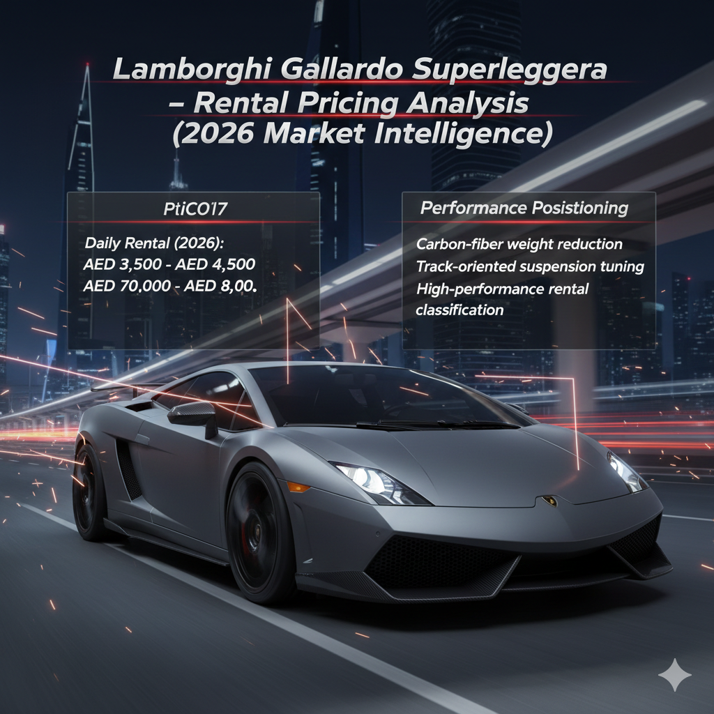 Animated performance-focused infographic featuring a Lamborghini Gallardo Superleggera with carbon-fiber accents, highlighting 2026 UAE rental pricing and track-oriented positioning in Dubai’s luxury supercar market.