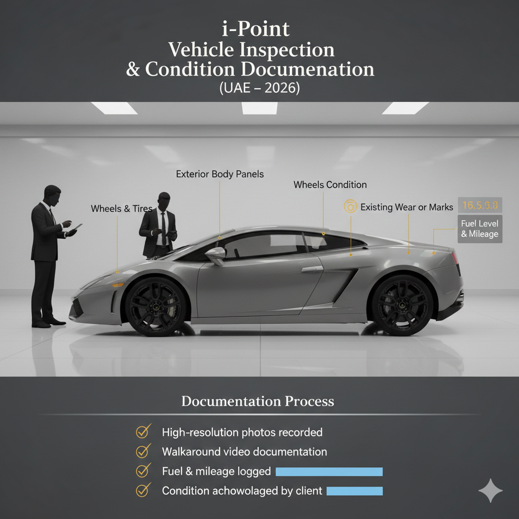 Animated infographic showing joint vehicle inspection and condition documentation of a Lamborghini Gallardo rental in Dubai.
